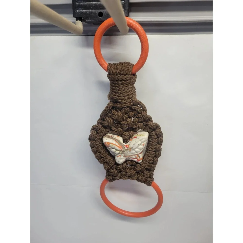 Vintage Macrame Butterfly Towel Holder Brown Orange Ceramic Retro Boho 70s Decor